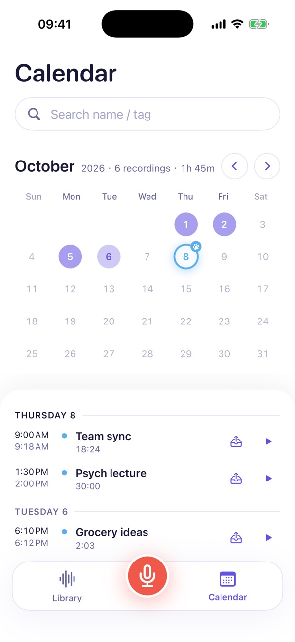 Month calendar of recordings on iPhone with highlighted days.