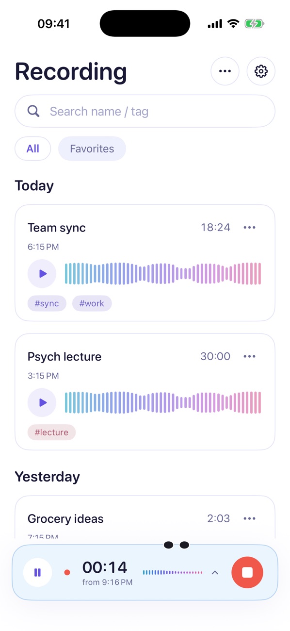 Local Recorder on iPhone recording, above a list of past recordings.
