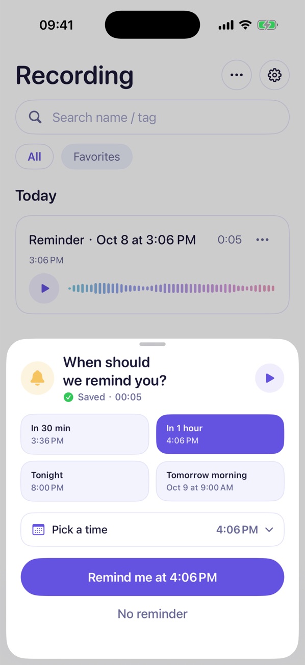 Reminder time options on iPhone after recording a voice reminder.
